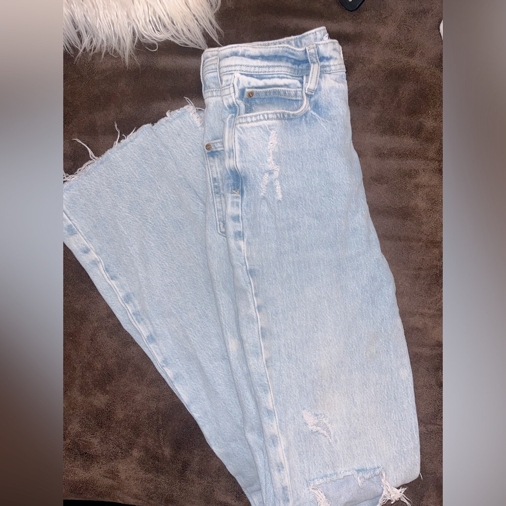 Zara light wash high rise flair distressed jeans denim